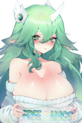 1girl animal_ears bare_shoulders blush breasts bunnixia choker cleavage collarbone english_text fingernails green_choker green_eyes green_hair hair_between_eyes hair_ornament heart highres holding holding_sign horns large_breasts league_of_legends lips long_hair looking_at_viewer nail_polish shiny_skin sign simple_background single_horn solo soraka_(league_of_legends) star_guardian_(league_of_legends) star_guardian_soraka sweater white_background white_horns wing_hair_ornament