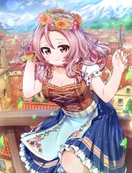 1girl :3 absurdres battle_girl_high_school blue_skirt city clip_studio_paint_(medium) collarbone day frilled_skirt frills head_wreath highres long_hair looking_at_viewer mountain outdoors puffy_short_sleeves puffy_sleeves serizawa_renge short_sleeves skirt solo tamanegi_(12030028)
