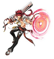 1boy abs arm_tattoo armored_shoes bare_pectorals belt black_choker black_headband black_pants choker closed_mouth elsword elsword_(character) floating_clothes floating_hair full_body grey_shoes hair_over_one_eye happy headband highres holding holding_sword holding_weapon huge_weapon looking_at_viewer low_ponytail magic magic_circle male_focus navel open_clothes open_shirt outstretched_arm over_shoulder pants pectorals pocket_watch ponytail red_belt red_eyes red_hair ress ribbon-trimmed_belt ribbon-trimmed_shirt ribbon_trim rune_master_(elsword) shirt shoes short_sleeves smile solo stomach_tattoo sword tachi-e tassel tattoo transparent_background tsurime watch wavy_hair weapon weapon_over_shoulder white_shirt wide_sleeves