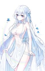 1girl absurdres bare_shoulders blue_eyes boong0619 breasts bug butterfly cleavage closed_mouth commentary_request commission covered_navel cowboy_shot dress flower hair_bun hair_flower hair_ornament highres insect korean_commentary long_hair looking_at_viewer medium_breasts original see-through_cleavage see-through_clothes side_slit simple_background single_side_bun sleeveless sleeveless_dress smile solo thigh_strap thighs very_long_hair white_background white_dress white_hair
