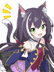 1girl :d animal_ear_fluff animal_ears bare_shoulders black_ribbon blue_shirt blue_sleeves blush cat_ears cat_girl cat_tail commentary_request detached_sleeves dot_nose fang green_eyes hair_ribbon highres karyl_(princess_connect!) kotatsu-mazoku long_hair looking_at_viewer low_twintails multicolored_hair neck_ribbon notice_lines open_mouth princess_connect! purple_hair red_ribbon ribbon shirt simple_background skin_fang sleeveless sleeveless_shirt smile solo streaked_hair tail twintails two-tone_hair upper_body v-shaped_eyebrows white_background white_hair
