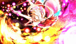 1girl absurdres blonde_hair bow calpis118 crystal crystal_wings danmaku dress fire flandre_scarlet full_body highres laevatein_(touhou) long_hair mary_janes open_mouth pointy_ears red_eyes ribbon shoes skirt smile solo spell_card thighhighs touhou wings