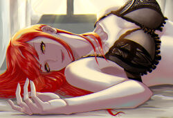 1girl absurdres black_bra bra breasts chainsaw_man closed_mouth commentary_request frilled_bra frills highres indoors large_breasts light_smile long_hair looking_at_viewer lying makima_(chainsaw_man) on_back red_hair ringed_eyes sharaku7878 solo underwear window yellow_eyes