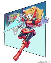 alternate_weapon aqua_eyes armor black_bodysuit blonde_hair bodysuit commentary_request cosplay crossover dated energy_sword head-mounted_display high_ponytail highres holding holding_sword holding_weapon long_hair mario_(series) mega_man_(series) mega_man_zx mega_man_zx_advent mighty_peach model_w_(mega_man) nintendo oomasa_teikoku ponytail power_armor princess_peach princess_peach:_showtime! red_footwear red_skirt skirt sword weapon z_saber zero(z)_(mega_man) zero_(mega_man) zero_(mega_man)_(cosplay)