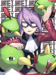 1boy ascot bird black_vest commentary_request creatures_(company) domino_mask game_freak gen_2_pokemon long_sleeves male_focus mask natu nintendo on_head open_mouth pants pokemon pokemon_(creature) pokemon_hgss pokemon_on_head purple_hair red_shirt shirt smile tongue vest watermark white_ascot will_(pokemon) xatu yamanashi_taiki