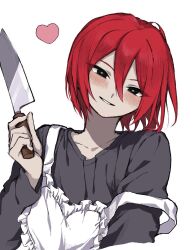 Rule 34 | 1boy, apron, black eyes, black shirt, blush, commentary, frilled apron, frills, hair between eyes, heart, highres, holding, holding knife, inazuma eleven, inazuma eleven (series), kiyama hiroto, knife, long sleeves, looking at viewer, male focus, red hair, shirt, simple background, solo, strap slip, trap, upper body, white background, x inaire 00