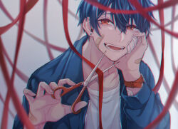 Rule 34 | 1boy, absurdres, bandaid, bandaid on arm, bandaid on cheek, bandaid on face, bandaid on hand, blue hair, blue jacket, blurry, blurry background, collarbone, commentary, earrings, english commentary, fangs, fingernails, grey background, hair between eyes, hand on own face, highres, holding, holding scissors, jacket, jewelry, looking at viewer, male focus, moxamog, open clothes, open jacket, open mouth, original, red eyes, red ribbon, ribbon, scissors, shirt, short hair, smile, solo, stud earrings, teeth, upper body, watch, white shirt, wristwatch