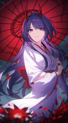 1girl absurdres acheron_(honkai:_star_rail) acheron_(izumo)_(honkai:_star_rail) ahoge breasts closed_mouth commentary_request expressionless falling_petals floating_hair flower grey_background hair_between_eyes hair_intakes hair_over_eyes highres holding holding_umbrella honkai:_star_rail honkai_(series) horns japanese_clothes kimono long_hair long_sleeves looking_at_viewer medium_breasts obi official_alternate_costume oil-paper_umbrella petals purple_eyes purple_hair red_flower red_horns red_sash red_umbrella sash shali solo standing umbrella very_long_hair white_kimono wide_sleeves