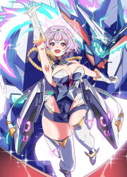 1girl absurdres alexis_kerib alexis_kerib_(new_order) armor blush breasts daison epaulettes gloves gridman_universe gridman_universe_(movie) highres large_breasts leotard looking_at_viewer open_mouth power_armor purple_hair red_eyes shinjou_akane shinjou_akane_(new_order) short_hair smile thighhighs thighs