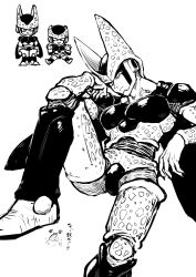 2boys arm_rest ass cell_(dragon_ball) cell_junior chibi chibi_inset child closed_mouth dragon_ball dragonball_z elbow_on_knee elbow_rest father_and_son full_body greyscale half-closed_eyes hands_up head_rest head_tilt highres in_air knee_up legs_apart looking_at_viewer male_focus midair monochrome multiple_boys obata2nd perfect_cell smile solo_focus spots teasing tongue tongue_out translation_request wings