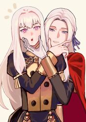 Rule 34 | 2girls, absurdres, buttons, cape, commentary request, edelgard von hresvelg, fire emblem, fire emblem: three houses, garreg mach monastery uniform, gloves, hair ribbon, hand on another&#039;s face, highres, lips, long hair, long sleeves, looking at another, lysithea von ordelia, multiple girls, nintendo, pink eyes, pink lips, ponzuponta39, purple eyes, purple ribbon, red cape, ribbon, simple background, smile, white background, white gloves, white hair