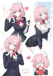 1girl :o absurdres black_skirt black_vest blue_eyes bow bowtie breasts chinese_commentary commentary_request cyrene_(honkai:_star_rail) dated hair_ornament heart highres holding holding_heart honkai:_star_rail honkai_(series) lao_xi medium_breasts medium_hair miniskirt multiple_views pink_hair pointy_ears red_bow red_bowtie shirt skirt smile thighhighs v vest white_background white_shirt white_thighhighs zettai_ryouiki