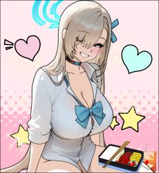 1girl asuna_(blue_archive) asuna_(school_uniform)_(blue_archive) bento blonde_hair blue_archive blue_bow blue_bowtie blue_eyes blue_halo bottomless bow bowtie breasts choker cleavage collarbone devil_jone_qrit grin hair_over_one_eye hair_ribbon halo juice_box large_breasts long_hair looking_at_viewer loose_bowtie one_eye_closed ribbon shirt shirt_rolled_up sitting smile solo thighs transparent_background very_long_hair white_shirt