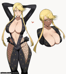 Rule 34 | 1girl, arms up, artist name, blonde hair, breasts, collarbone, dr octojuice, fishnets, kasuga (sengoku basara), large breasts, lips, ninja, patreon username, sengoku basara, shuriken, standing, weapon