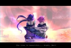 Rule 34 | 2girls, absurdres, acheron (honkai: star rail), blurry, blurry background, coat, cyrene (honkai: star rail), english text, ferris wheel, from behind, hair ornament, hashtag-only commentary, highres, honkai: star rail, honkai (series), letterboxed, long hair, multiple girls, on bench, outdoors, pink hair, pink sky, purple coat, short hair, sitting, sky, vodarii