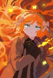 1girl ardor_blossom_star_(e.g.o) black_dress black_gloves bow closed_mouth dress e.g.o_(project_moon) fiery_wings freckles gloves green_eyes hair_bow hairband highres ishmael_(project_moon) jacket limbus_company long_hair long_sleeves looking_at_viewer orange_hair orange_jacket project_moon realtawil solo upper_body very_long_hair white_bow wings