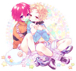 2boys :3 akutagawa_jiro_(tennis_no_ouji-sama) akutagawa_jirou bad_id bad_pixiv_id blonde_hair blowing_bubbles blush brown_eyes character_name chewing_gum child copyright_name curly_hair english_text forehead highres hug jacket male_focus marui_bunta moriyama_shijimi multiple_boys o3o purple_eyes red_hair sheep shoes shorts sitting sneakers socks sportswear star_(symbol) tennis_no_ouji-sama tennis_uniform track_jacket wavy_hair