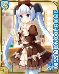 1girl black_footwear blue_eyes blunt_bangs bow brown_bow brown_dress card character_name day dress frilled_dress frills girlfriend_(kari) hand_by_own_face indoors leggings miss_monochrome miss_monochrome_(character) official_art open_mouth qp:flapper solo standing tagme thighhighs thinking twintails white_bow white_hair white_leggings