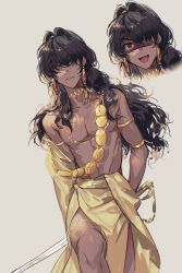 Rule 34 | 1boy, :d, abs, absurdres, arm behind back, armlet, bare shoulders, black hair, chinese commentary, closed mouth, covered eyes, dark-skinned male, dark skin, earrings, facing viewer, fang, feet out of frame, gold earrings, gold necklace, hair intakes, hair over eyes, hair over one eye, highres, holding hands, jewelry, long hair, long sleeves, looking at viewer, male focus, neck tattoo, necklace, nipple chain, open mouth, pectorals, pelvic curtain, red eyes, robe, robe partially removed, simple background, skin fang, smile, solo, sultan&#039;s game, tattoo, the sultan (sultan&#039;s game), thighlet, toned, toned male, topless male, v-shaped eyebrows, wavy hair, wei huo hu, wide sleeves, yellow robe, zoom layer