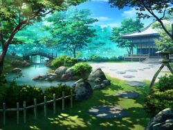 artist_request blue_sky bridge cloud cobblestone day forest game_cg garden light_rays magia_record:_mahou_shoujo_madoka_magica_gaiden mahou_shoujo_madoka_magica moss nature no_humans official_art outdoors rock scenery shade shrine sky stone_lantern stream sunlight