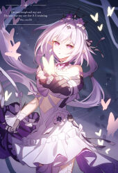1girl asymmetrical_gloves black_tiara breasts bug butterfly butterfly_on_hand castorice_(honkai:_star_rail) commentary_request dress elbow_gloves flower gloves hair_flower hair_ornament hana_(nemukunai87) highres honkai:_star_rail honkai_(series) insect long_hair medium_breasts night night_sky pantyhose parted_lips pointy_ears purple_eyes purple_gloves purple_hair sky solo star_(sky) starry_sky tiara uneven_gloves white_dress white_pantyhose
