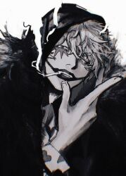 1boy chromatic_aberration donquixote_rocinante feather_cape greyscale hair_between_eyes heart heart_print highres hood looking_at_viewer makeup male_focus monochrome one_eye_closed one_piece runa_3152 simple_background smoke solo upper_body