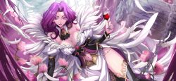 Rule 34 | 1girl, alcohol, arm support, artist request, ascot, bangle, bare shoulders, black ascot, black thighhighs, blurry, blurry foreground, bracelet, breasts, brooch, cape, chain, cleavage, clothing cutout, code geass, code geass: lost stories, cornelia li britannia, corset, cup, detached collar, dress, drink, drinking glass, feathers, female focus, flower, forehead, game cg, gem, gold trim, hair intakes, hand up, happy, highres, holding, holding drink, holding drinking glass, jewelry, juliet sleeves, large breasts, layered sleeves, leaning to the side, long hair, long sleeves, looking at viewer, navel, navel cutout, non-web source, off-shoulder dress, off shoulder, official art, parted lips, pillar, pink flower, puffy sleeves, purple eyes, purple hair, purple lips, red gemstone, ruins, side slit, smile, solo, teeth, thighhighs, thighs, v-shaped eyebrows, white cape, white dress, white feathers, wine