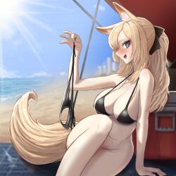 1girl absurdres alternate_costume animal_ear_fluff animal_ears arknights arm_support beach beach_towel beach_umbrella bikini bikini_top_only black_bikini black_ribbon blonde_hair blue_eyes blush bottomless breasts cleavage commentary cooler fang feet_out_of_frame hair_ribbon heart heart-shaped_pupils highres holding holding_swimsuit holding_unworn_clothes horse_ears horse_girl horse_tail knee_up large_breasts light_rays long_hair looking_at_viewer mildt ocean open_mouth ponytail ribbon sitting smile solo string_bikini sun sunlight swimsuit symbol-shaped_pupils tail towel umbrella unworn_bikini_bottom unworn_swimsuit whislash_(arknights)