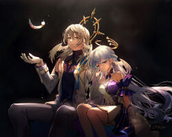 1boy 1girl aqua_eyes bare_shoulders blue_hair breasts brother_and_sister cat_princess closed_mouth detached_sleeves dress earrings floating floating_object gloves grey_hair hair_between_eyes halo head_wings honkai:_star_rail honkai_(series) jewelry long_hair long_sleeves looking_at_viewer purple_dress robin_(honkai:_star_rail) shirt short_sleeves siblings simple_background smile sunday_(honkai:_star_rail) very_long_hair white_dress white_gloves white_wings wings yellow_eyes