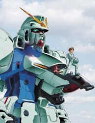 1990s_(style) cloud cloudy_sky commentary english_commentary gundam holding_unworn_helmet katoki_hajime machinery mecha mecha_pilot_suit normal_suit_(gundam) official_art promotional_art retro_artstyle robot scan science_fiction sky traditional_media uso_ewin v-fin v_gundam victory_gundam