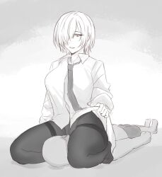 1boy 1girl boxers breasts clothes_lift collared_shirt commentary crotch_seam dress_shirt english_commentary full_body grey_background greyscale hair_over_one_eye highres large_breasts male_underwear maven_(madeinheaven_23) monochrome necktie no_shoes original panties panties_under_pantyhose pantyhose shirt shirt_lift short_hair simple_background sitting sitting_on_face sitting_on_person sketch smile thighband_pantyhose thighs underwear