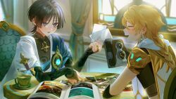 2boys 4the2ofus absurdres aether_(genshin_impact) ahoge arm_armor armor artist_name black_gloves black_hair black_shirt blonde_hair blue_cape blue_gemstone blunt_ends blurry blurry_background blush braid camera cape chair closed_eyes coffee commentary_request covered_collarbone cup curtains day earrings elbow_gloves eyeshadow fingerless_gloves gem genshin_impact gloves gold_necklace gold_ring gold_trim hair_between_eyes hand_up highres holding holding_camera holding_photo indoors jewelry long_hair looking_at_another makeup male_focus mandarin_collar multiple_boys necklace no_headwear open_clothes open_mouth open_vest photo_(object) photo_album plate purple_eyes red_eyeshadow ring scaramouche_(genshin_impact) scarf shirt short_hair short_sleeves shoulder_armor single_earring sitting sky smile spoon steam sweatdrop table vest vision_(genshin_impact) wanderer_(genshin_impact) white_scarf white_sky white_vest window