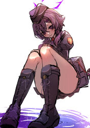 1girl black_coat blue_archive boots coat full_body garrison_cap halo haruka_(blue_archive) hat highres knee_boots long_sleeves medium_hair miniskirt purple_eyes purple_hair purple_halo skirt solo squatting thighhighs yaki_ringo1