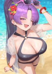 1girl absurdres adjusting_eyewear arm_up beach bikini black_bikini blue_archive blush breasts cleavage eyewear_on_head fang flower from_above g_rimp16533 hair_flower hair_ornament halo halterneck highres large_breasts long_hair looking_at_viewer o-ring o-ring_bikini ocean official_alternate_costume official_alternate_hairstyle one_eye_closed open_clothes open_mouth open_shirt outdoors pink-framed_eyewear ponytail purple_eyes purple_hair purple_halo see-through_clothes see-through_shirt shirt skin_fang skindentation smile solo standing swimsuit thigh_strap thighs very_long_hair wet wet_clothes wet_shirt white_shirt yukari_(blue_archive) yukari_(swimsuit)_(blue_archive)