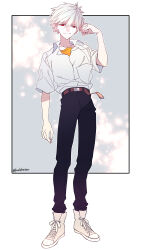 1boy arm_up belt belt_buckle black_pants brown_belt buckle closed_mouth collared_shirt commentary_request crew_neck full_body hair_between_eyes highres looking_down male_focus mushi_kei nagisa_kaworu neon_genesis_evangelion open_collar orange_shirt pants red_eyes shirt shirt_tucked_in shoelaces shoes short_hair short_sleeves smile solo standing twitter_username white_hair white_shirt white_shoes wing_collar