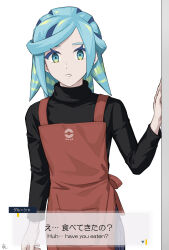 1boy alternate_costume apron aqua_eyes aqua_hair black_shirt brown_apron character_name commentary_request dialogue_box english_text eyelashes grusha_(pokemon) hand_up highres looking_at_viewer male_focus min_(myna8247) nintendo pokemon pokemon_sv shirt solo teeth
