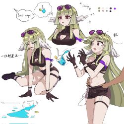 1girl 1other :o arknights bare_shoulders black_bra black_gloves black_outline black_shoes black_shorts blue_hawaii blunt_bangs blunt_ends blush bra bracelet breasts brown_eyes cleavage_cutout clothing_cutout color_guide commentary_request crying dark_skin dot_nose drink drinking_straw dropped_object dropping english_text eyewear_on_head glass gloom_(expression) gloves green_hair groping half-skirt hand_on_ground head_wings highres jewelry large_breasts long_hair multiple_views navel official_alternate_costume open_mouth outline pink-tinted_eyewear poncirus_(arknights) poncirus_(to_rest_in_night_breezes)_(arknights) purple-tinted_eyewear sad see-through_clothes see-through_skirt shoes short_shorts shorts simple_background skirt spiked_bracelet spikes surprised teeth thigh_strap tinted_eyewear translation_request turtleneck underwear upper_teeth_only white_background wings zhenjie20
