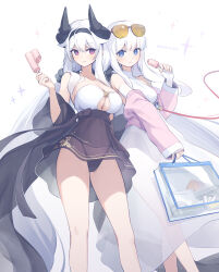 2girls asicah asta_(asicah) bag bare_shoulders bikini black_skirt blue_eyes breasts cleavage covered_navel dated dioreta_(asicah) double_popsicle dress eyewear_on_head feet_out_of_frame fingerless_gloves food gloves gun hairband handgun highres holding holding_bag holding_food holding_popsicle horns jacket large_breasts long_hair mismatched_bikini multiple_girls off_shoulder original pink_eyes pink_jacket popsicle see-through_clothes see-through_skirt shawl sidelocks simple_background skirt small_breasts sparkle standing strapless strapless_bikini sunglasses swimsuit transparent_bag unequal_popsicle_division weapon white_background white_dress white_gloves white_hair