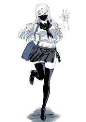 Rule 34 | 1girl, abyssal ship, alternate costume, bag, black neckerchief, black sailor collar, black skirt, boots, breasts, colored skin, full body, green eyes, ishii hisao, kantai collection, large breasts, leg up, long hair, looking at viewer, mask, mouth mask, neckerchief, pale skin, pleated skirt, sailor collar, school uniform, serafuku, side slit, simple background, skirt, solo, ta-class battleship, thigh boots, thighhighs, waving, white hair, white skin, zettai ryouiki
