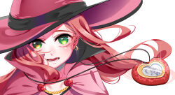 1girl absurdres cape chocolat_meilleure earrings gimdori glint green_eyes hashtag-only_commentary hat heart_pendant highres jewelry long_hair looking_at_viewer open_mouth orange_hair pink_cape pink_hat simple_background solo sugar_sugar_rune white_background witch witch_hat