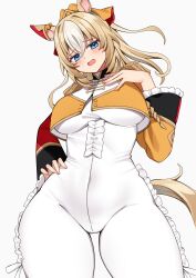 1girl absurdres animal_ears blonde_hair blue_eyes blush bodysuit breasts commentary_request cowboy_shot cropped_jacket curvy durandal_(umamusume) ear_covers ear_ornament epaulettes frilled_bodysuit frilled_sleeves frills hair_between_eyes hand_on_own_hip highres horse_ears horse_girl horse_tail jacket kaoru_(h8qm9) large_breasts long_hair long_sleeves looking_at_viewer multicolored_hair open_mouth orange_jacket simple_background single_ear_cover solo streaked_hair tail thick_thighs thighs two-tone_hair umamusume white_background white_bodysuit white_hair white_streaks