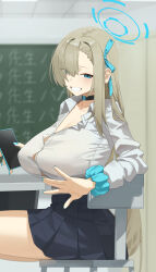 Rule 34 | 1girl, absurdres, asuna (blue archive), asuna (school uniform) (blue archive), black choker, black skirt, blue archive, blue eyes, blue halo, blue ribbon, blue scrunchie, blush, breasts, brown hair, chair, chalkboard, choker, commentary request, desk, eyes visible through hair, hair over one eye, hair ribbon, halo, highres, indoors, large breasts, long hair, looking at viewer, miniskirt, mm (mhm2592), on chair, pleated skirt, ribbon, school chair, school desk, school uniform, scrunchie, shirt, sitting, skirt, smile, solo, very long hair, white shirt, wrist scrunchie