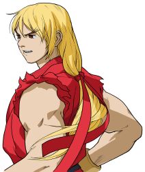 Rule 34 | 1boy, bengus, blonde hair, brown eyes, brown hair, dougi, forked eyebrows, game cg, gloves, grin, hair ribbon, highres, ken masters, looking to the side, male focus, muscular, muscular male, non-web source, official art, open mouth, ponytail, ribbon, simple background, smile, solo, street fighter, street fighter zero (series), thick eyebrows, v-shaped eyebrows, white background