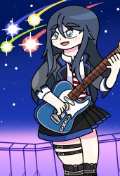 absurdres black_hair blazer boots electric_guitar guitar highres hoshino_ichika_(project_sekai) instrument jacket long_hair looking_back looking_up music necktie non-web_source playing_instrument project_sekai rooftop school_uniform shooting_star skirt sky star_(sky) starry_sky thick_eyebrows thick_thighs thighs