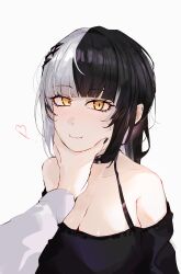 1girl 1other absurdres alternate_costume black_hair black_nails black_shirt breasts cleavage closed_mouth commentary earclip english_commentary grabbing_another&#039;s_face grey_hair head_grab heart highres hololive hololive_english kurochanai large_breasts light_blush long_hair looking_at_viewer multicolored_hair off-shoulder_shirt off_shoulder shiori_novella shirt simple_background split-color_hair two-tone_hair virtual_youtuber white_background white_shirt yellow_eyes