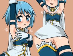 Rule 34 | 1girl, armpit crease, bad id, bad multiple views, bad twitter id, blue hair, cape, gloves, looking at viewer, magical girl, mahou shoujo madoka magica, mahou shoujo madoka magica (anime), medium hair, miki sayaka, miki sayaka (magical girl), open mouth, simple background, solo, sweat, yuuya (blue scarab)