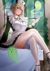 1girl animal_ears apron black_shoes breasts brown_hair center_frills commentary dress finalcake frills green_dress green_eyes grin hat high_heels highres holding holding_smoking_pipe indie_virtual_youtuber indoors large_breasts long_sleeves looking_at_viewer name_tag naplings_(nimi_nightmare) nimi_nightmare nurse nurse_cap on_bed one_side_up shoes sitting sleeve_slit smile smoking_pipe solo strappy_heels tapir_ears tapir_girl thighhighs virtual_youtuber white_apron white_thighhighs