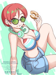 1girl 2025 20s amate_yuzuriha aqua_eyes arm_support ass bikini bikini_top_only blue_bikini blue_shorts breasts cleavage dated denim denim_shorts donut eating food food_on_face green_hair gundam gundam_gquuuuuux headphones headphones_around_neck highres holding holding_donut holding_food large_breasts looking_at_viewer may multicolored_hair rakuengine red_hair short_hair shorts sitting smile solo streaked_hair striped_bikini striped_clothes sunglasses swimsuit white_background