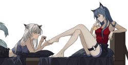 2girls :3 absurdres alternate_costume animal_ears applying_pedicure arknights arm_support barefoot black_eyes black_hair black_shorts blouse blue_shirt breasts brush chinese_commentary cigarette cigarette_pack closed_mouth crossed_legs expressionless eyeshadow from_side full_body grey_hair hair_between_eyes hair_ornament hairclip highres holding holding_another&#039;s_foot holding_brush holding_cigarette lappland_(arknights) legs long_hair looking_at_another lying makeup medium_breasts multiple_girls nail_polish on_bed on_stomach open_fly painting_nails painting_toenails pillow profile red_nails red_shirt shirt shisangeashi short_shorts shorts simple_background sitting sleeveless smile straight_hair tail tank_top texas_(arknights) thigh_strap thighs white_background wolf_ears wolf_tail yellow_eyes
