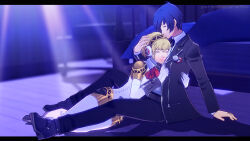 1boy 1girl 3d absurdres aigis_(persona) artist_name blonde_hair blue_hair closed_eyes commentary commission cuddling english_commentary hand_on_another&#039;s_head highres on_floor persona persona_3 personaparadise short_hair smile watermark yuuki_makoto_(persona_3)